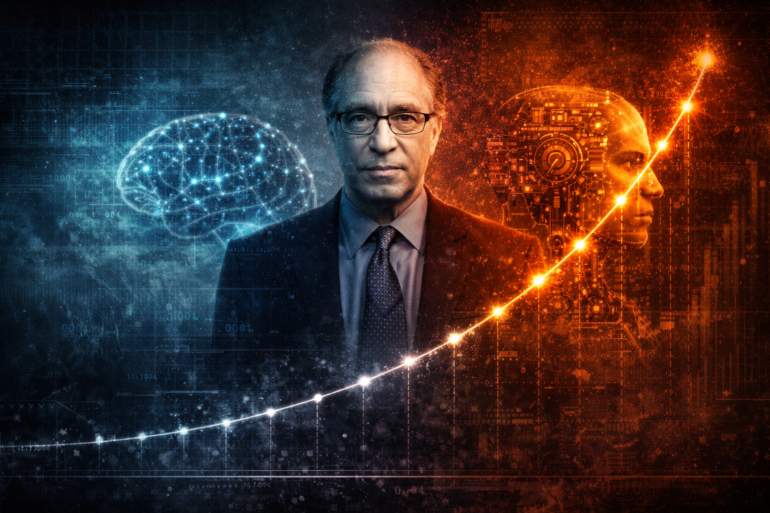 Ray Kurzweil illustrated between a human brain and AI robot head with exponential growth curve rising upward, representing the technological singularity and The Kurzweil Curve