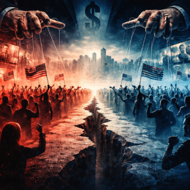 illustration of political division and media manipulation in modern society