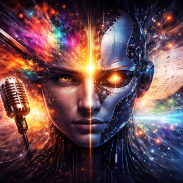 Digital artwork showing a split human and artificial face surrounded by vibrant light, radio imagery, and abstract sound waves, symbolizing the intersection of human creativity and artificial intelligence for Fringe FM.