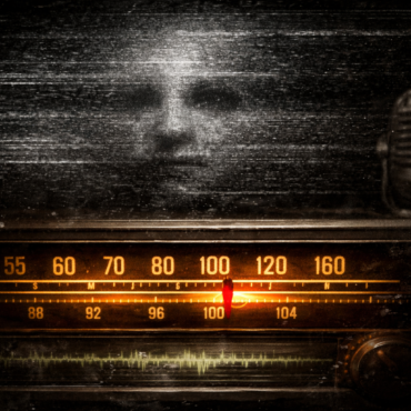 Wide-format featured image of a vintage analog radio glowing amber in darkness, tuning needle between stations, with black-and-white static and a faint ghostly face emerging above, evoking retro late-night broadcast atmosphere